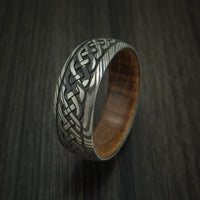 Damascus Steel Celtic Knot Band with Whiskey Barrel Wood Sleeve Custom Made