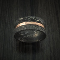 Damascus Steel Ring with Rock Hammer Finish and 14k Rose Gold Inlay Custom Made