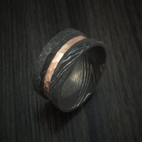 Damascus Steel Ring with Rock Hammer Finish and 14k Rose Gold Inlay Custom Made