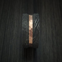 Damascus Steel Ring with Rock Hammer Finish and 14k Rose Gold Inlay Custom Made