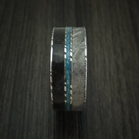 Kuro Damascus Steel Black Dinosaur Bone and Gibeon Meteorite Ring with Turquoise Inlay Custom Made Fossil Band