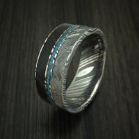 Kuro Damascus Steel Black Dinosaur Bone and Gibeon Meteorite Ring with Turquoise Inlay Custom Made Fossil Band