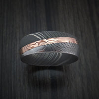 Damascus Steel Ring with Diagonal Rose Gold Mokume Inlay Custom Made