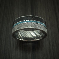 Kuro Damascus Steel Black Dinosaur Bone and Gibeon Meteorite Ring with Turquoise Inlay Custom Made Fossil Band