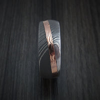 Damascus Steel Ring with Diagonal Rose Gold Mokume Inlay Custom Made