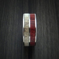 Titanium Ring with Red Heart Wood and Antler Inlays Custom Made