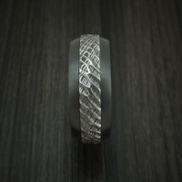 Black Zirconium and Damascus Steel Ring with Tree Bark Carved Finish and Osage Orange Hardwood Sleeve Custom Made Band