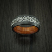 Black Zirconium and Damascus Steel Ring with Tree Bark Carved Finish and Osage Orange Hardwood Sleeve Custom Made Band