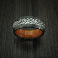 Black Titanium and Damascus Steel Ring with Tree Bark Carved Finish and Osage Orange Hardwood Sleeve Custom Made Band