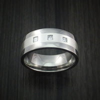 Titanium Ring with Silver Inlay and Princess Cut Diamonds Custom Made Wedding Band