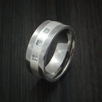 Titanium Ring with Silver Inlay and Princess Cut Diamonds Custom Made Wedding Band