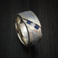 White Gold and Meteorite Hammered Band with Diamond and Sapphires Custom Made