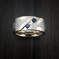 White Gold and Meteorite Hammered Band with Diamond and Sapphires Custom Made
