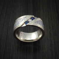 White Gold and Meteorite Hammered Band with Diamond and Sapphires Custom Made