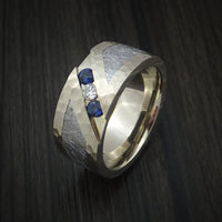 White Gold and Meteorite Hammered Band with Diamond and Sapphires Custom Made
