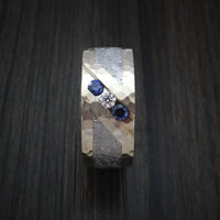 White Gold and Meteorite Hammered Band with Diamond and Sapphires Custom Made