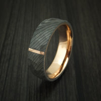 Damascus Steel Hammered Ring with 14K Rose Gold Inlay and Sleeve Custom Made Band