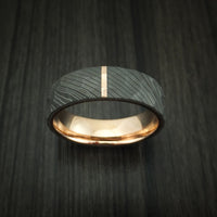Damascus Steel Hammered Ring with 14K Rose Gold Inlay and Sleeve Custom Made Band