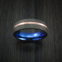 Damascus Steel Ring with Copper Inlay and Anodized Titanium Interior Sleeve Custom Made Band