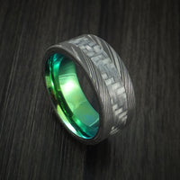 Damascus Steel and Carbon Fiber Ring Custom Made Band with Anodized Interior