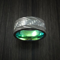 Damascus Steel and Carbon Fiber Ring Custom Made Band with Anodized Interior