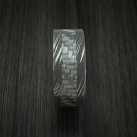 Damascus Steel and Carbon Fiber Ring Custom Made Band with Anodized Interior