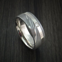Damascus Steel and 14K White Gold Ring with Diamond Custom Made Band