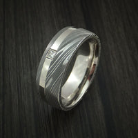 Damascus Steel and 14K White Gold Ring with Diamond Custom Made Band