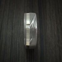 Damascus Steel and 14K White Gold Ring with Diamond Custom Made Band
