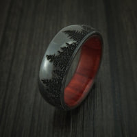 Black Titanium Ring with Tree Design and Hardwood Sleeve Custom Made Band