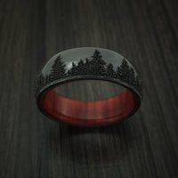 Black Titanium Ring with Tree Design and Hardwood Sleeve Custom Made Band