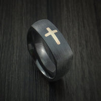 Black Titanium and 14K Yellow Gold Christian Cross Ring Custom Made Band