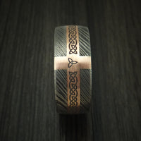 Damascus Steel Celtic Ring With 14K Rose Gold and Hardwood Sleeve Custom Made
