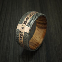 Damascus Steel Celtic Ring With 14K Rose Gold and Hardwood Sleeve Custom Made