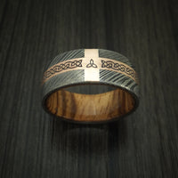 Damascus Steel Celtic Ring With 14K Rose Gold and Hardwood Sleeve Custom Made