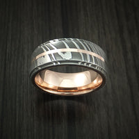 Damascus Steel 14K Rose Gold Ring with Gold Sleeve Wedding Band Custom Made