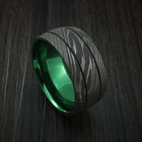 Damascus Steel Ring with Anodized Titanium Interior Sleeve Custom Made