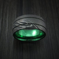 Damascus Steel Ring with Anodized Titanium Interior Sleeve Custom Made