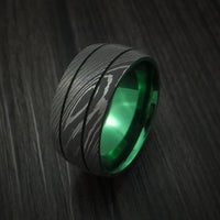 Damascus Steel Ring with Anodized Titanium Interior Sleeve Custom Made