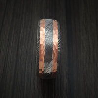 Damascus Steel Ring with Hammered Copper Inlays Custom Made Band