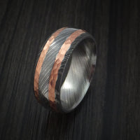 Damascus Steel Ring with Hammered Copper Inlays Custom Made Band