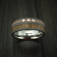 Titanium And Tan Dinosaur Bone Ring With 14K Rose Gold and Diamonds Custom Made Fossil Band