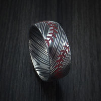 Kuro Damascus Steel Baseball Ring with Double Stitching Acid Finish