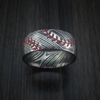 Kuro Damascus Steel Baseball Ring with Double Stitching Acid Finish