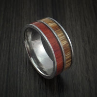Damascus Steel Ring with Teak and Red Heart Hardwood Inlays Custom Made Band
