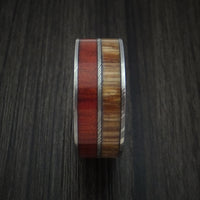 Damascus Steel Ring with Teak and Red Heart Hardwood Inlays Custom Made Band