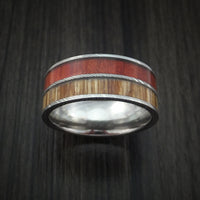 Damascus Steel Ring with Teak and Red Heart Hardwood Inlays Custom Made Band
