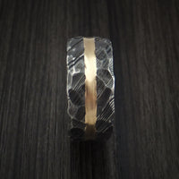 Kuro Damascus Steel Ring and 14k Yellow Gold Wedding Band Hammered Genuine Craftsmanship Custom Made