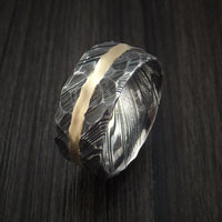 Kuro Damascus Steel Ring and 14k Yellow Gold Wedding Band Hammered Genuine Craftsmanship Custom Made