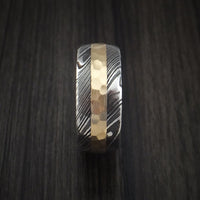 Kuro Damascus Steel and Hammered 14k Yellow Gold Band Custom Made